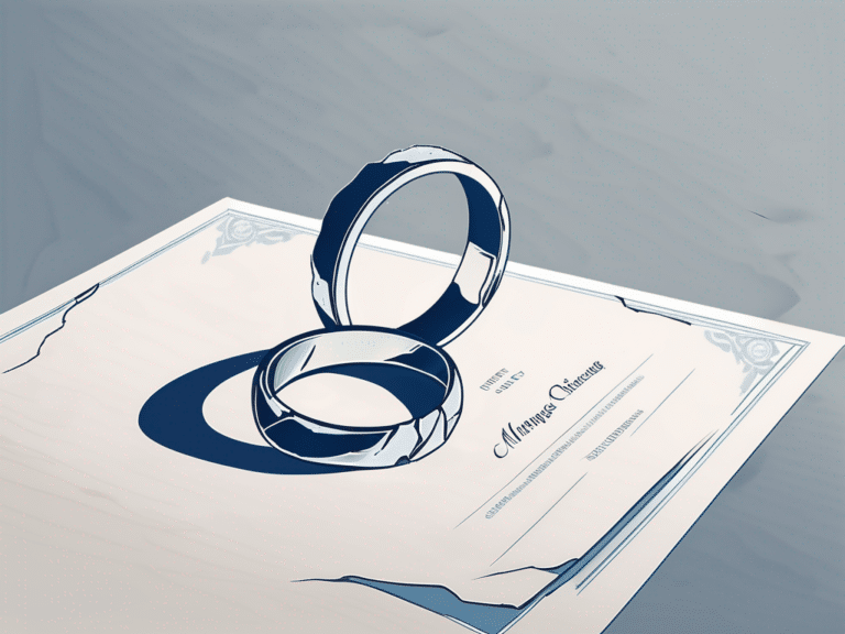 A broken wedding ring lying on a torn marriage certificate