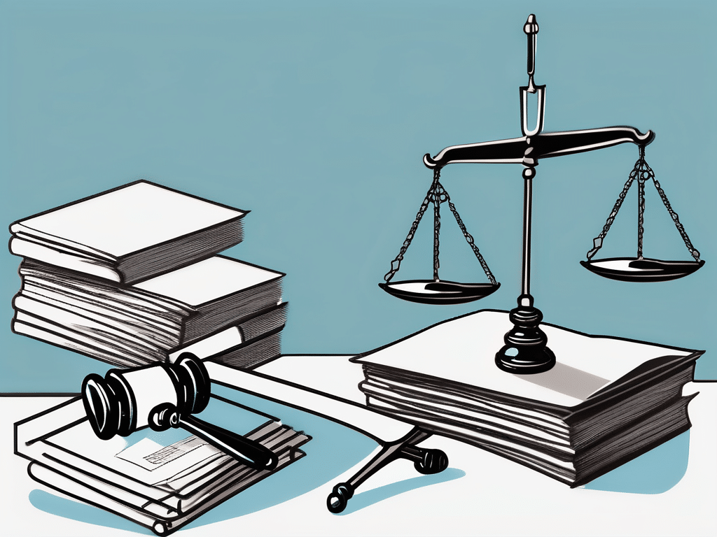 A balance scale with a gavel on one side and a stack of legal documents on the other
