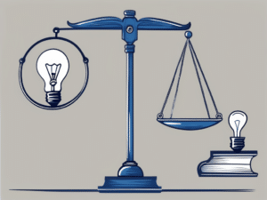 A balance scale where one side holds a book symbolizing law and the other side holds a light bulb symbolizing advice or ideas